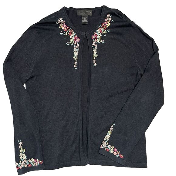 AUGUST SILK Embroidered Flowers 100% Silk Black Knit Open Cardigan XL Grannycore - Picture 1 of 9